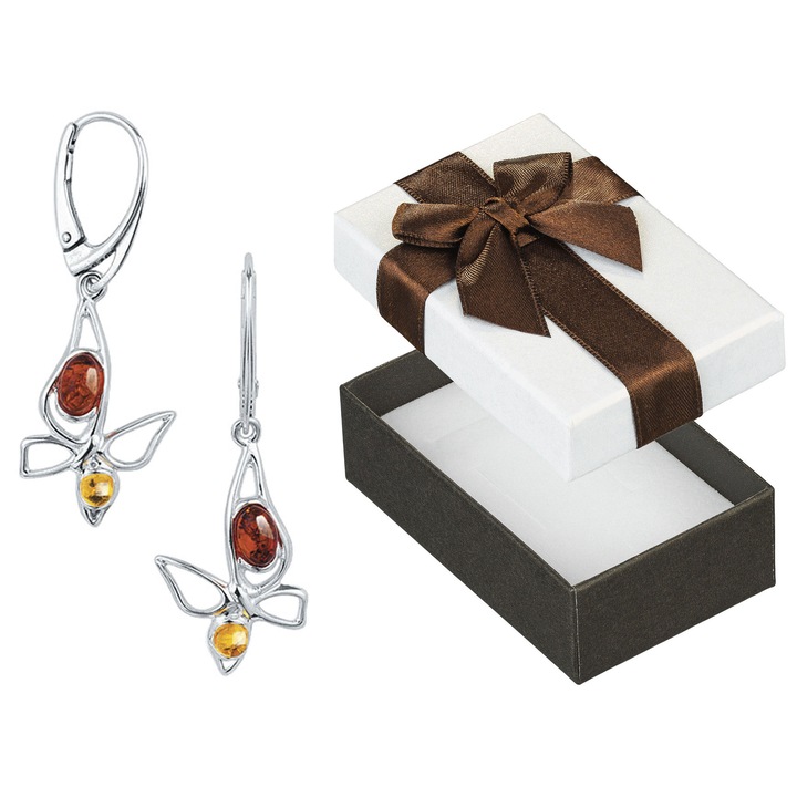 Cercei argintii cu fluturi si chihlimbar, Siju