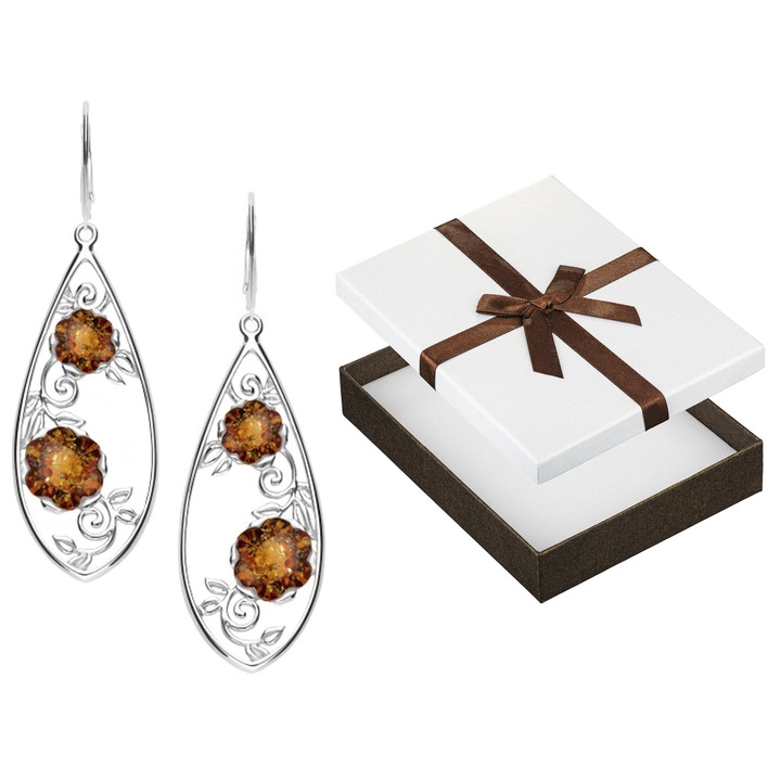 Cercei argintii cu flori din chihlimbar, Siju, 925