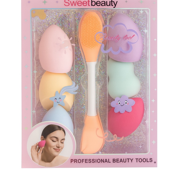 Set bureți machiaj 12PCS mix pastel cu perie inclusă, pentru pudră și fond de ten, textură moale
