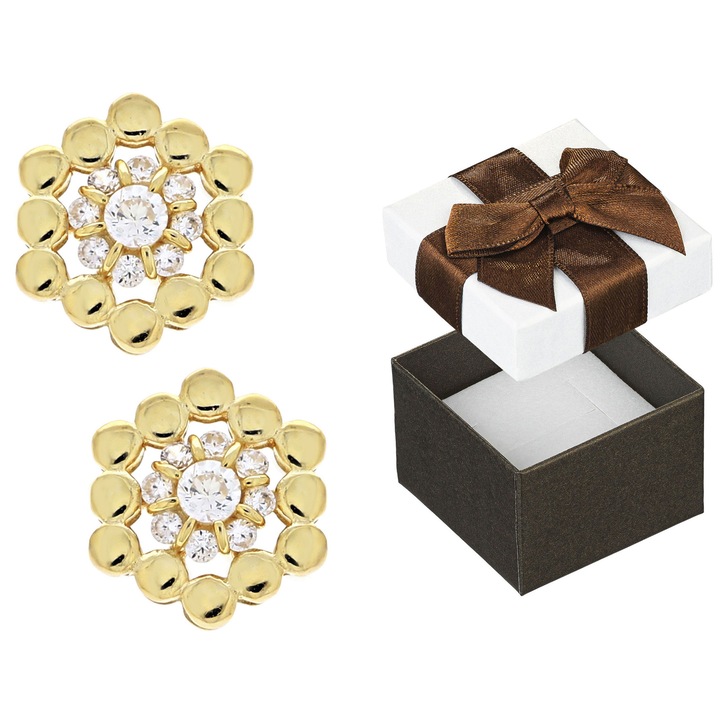 Cercei geometrici cu zirconiu, Siju, aurii, set de 2 bucati