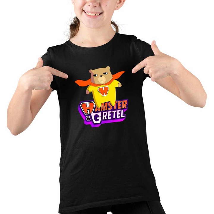 Tricou Copii Fete Hamster Gretel Super Erou, Fekete
