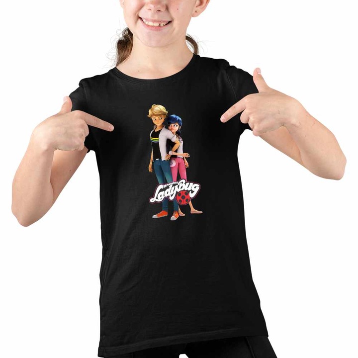 Tricou Copii Fete Miraculous Marinette Adrien Agreste Miraculos, Fekete