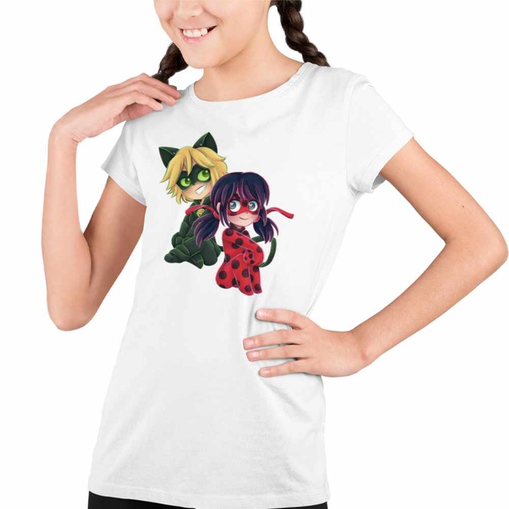 Tricou Copii Fete Miraculos Animatie Buburuza Adrien Noir, Fehér