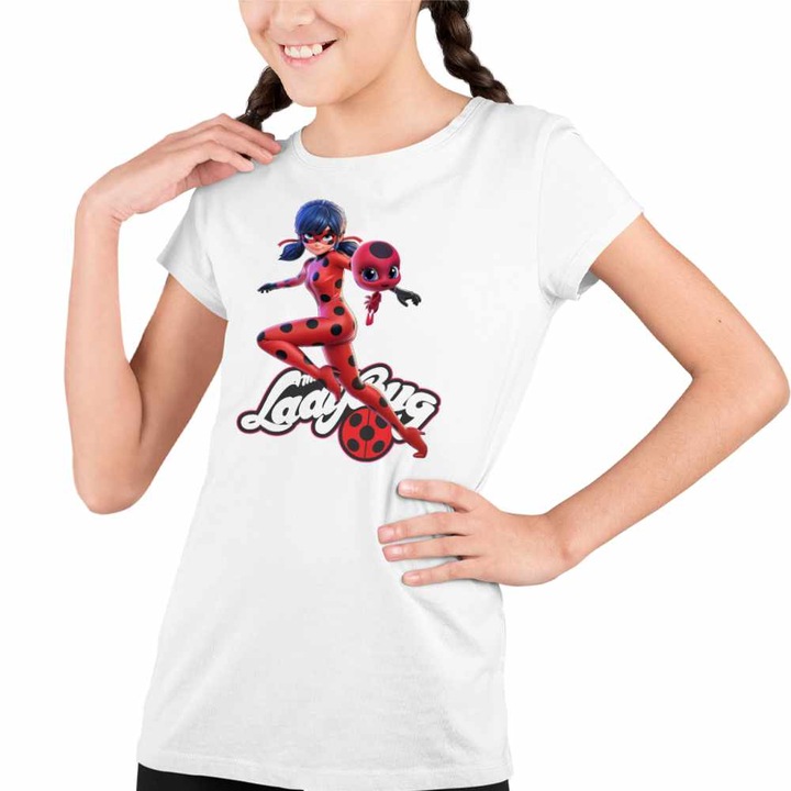 Tricou Copii Fete Buburuza Marinette Tikki Ladybug Miraculos, Fehér