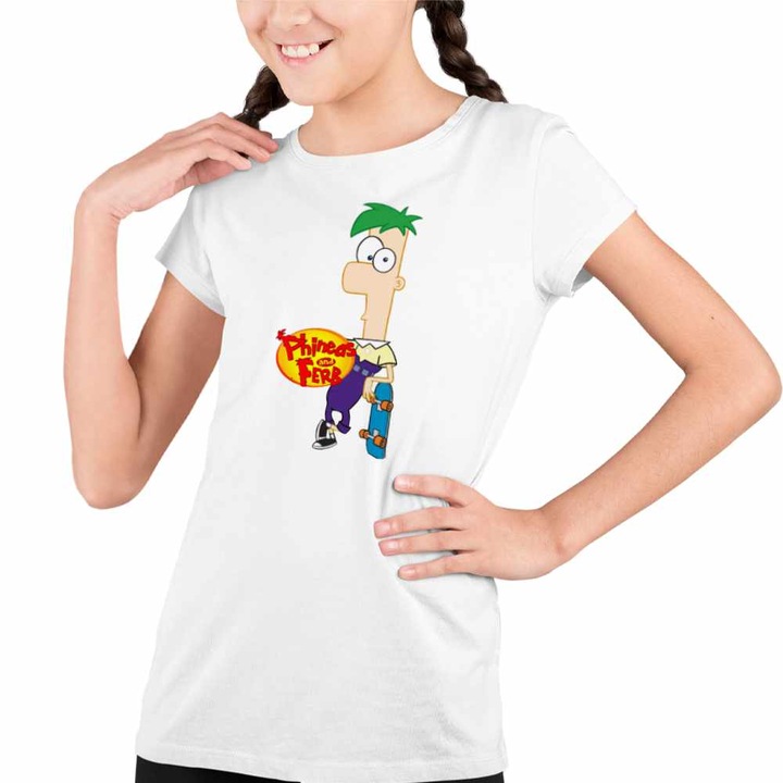 Tricou Copii Fete Phineas si Ferb Skateboard, Fehér