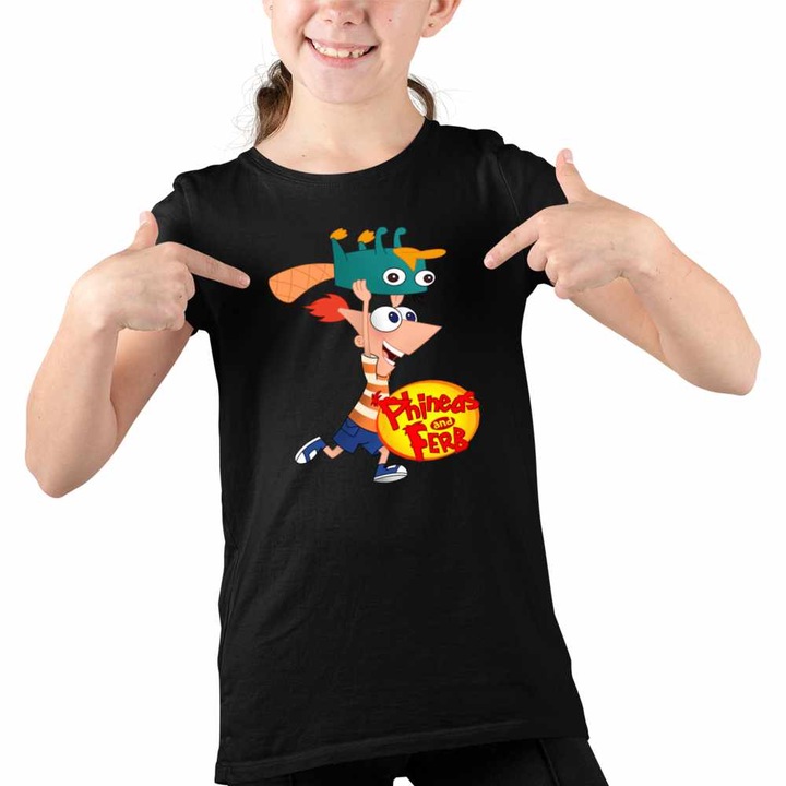 Tricou Copii Fete Phineas si Ferb Dublat Perry Alearga, Fekete
