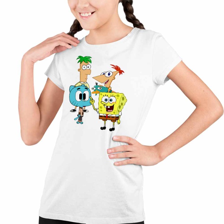 Tricou Copii Fete Phineas Ferb Gumball Spongebob, Fehér