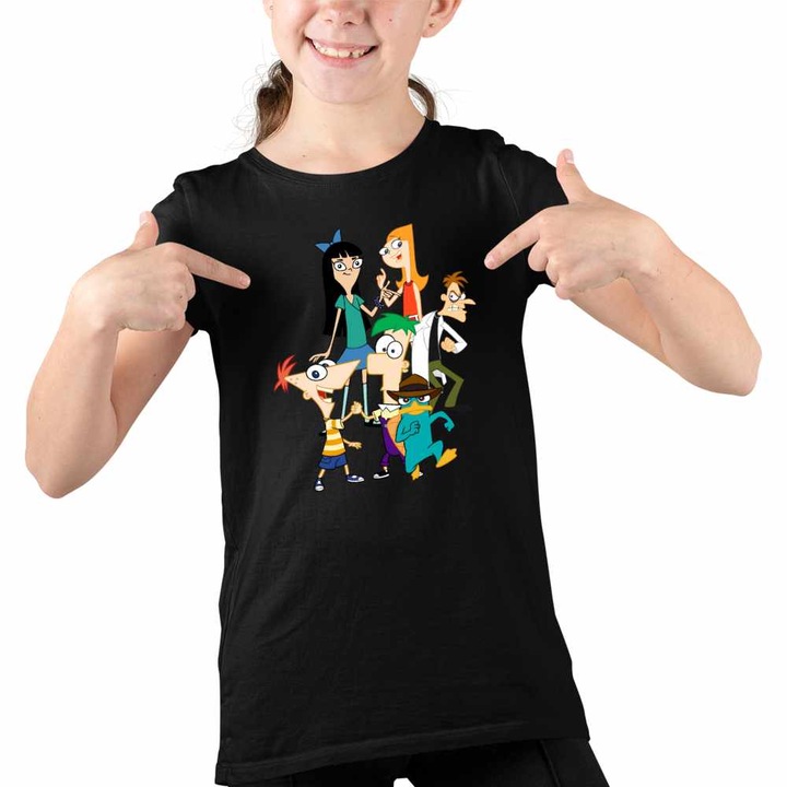 Tricou Copii Fete Phinead Ferb Toata Trupa Desen Animat, Fekete