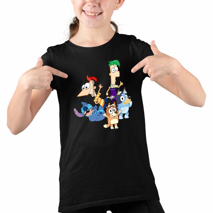 Tricou Copii Fete Phineas Ferb Stitch Bluey Bingo Blue, Fekete