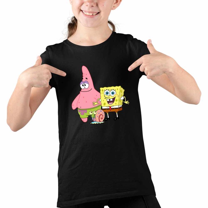 Tricou Copii Fete Sponge Bob Patrick Gary Spongebob, Fekete