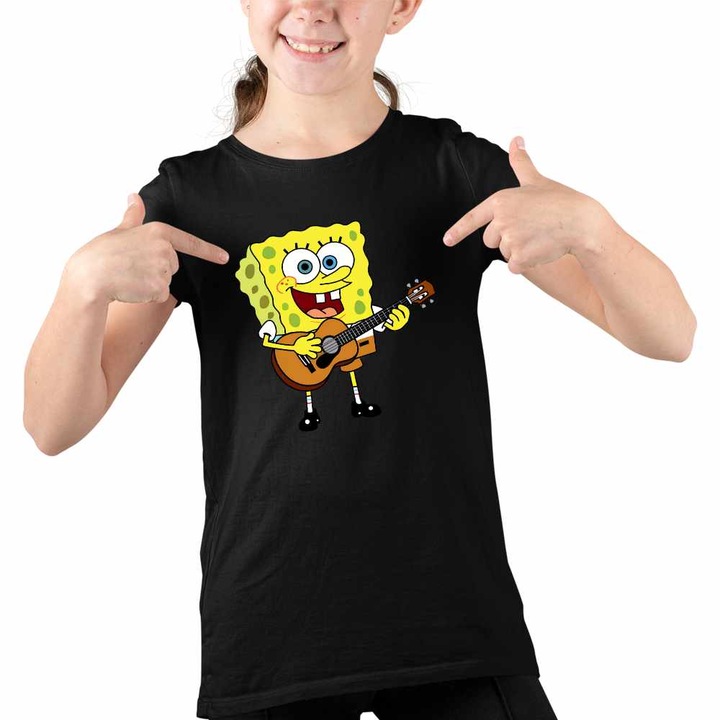 Tricou Copii Fete SpongeBob Desene Animate Chitara, Fekete