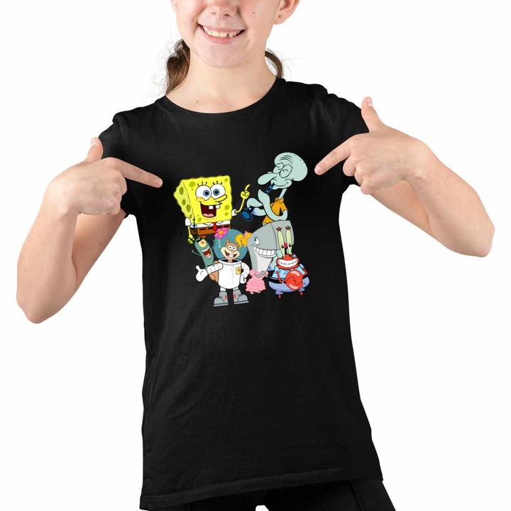 Tricou Copii Fete SpongeBob Pantaloni Patrati Desene Animate, Fekete