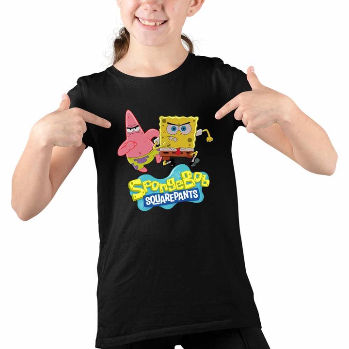 Tricou Copii Fete Spongebob Dublat Sponge Bob Atac, Fekete