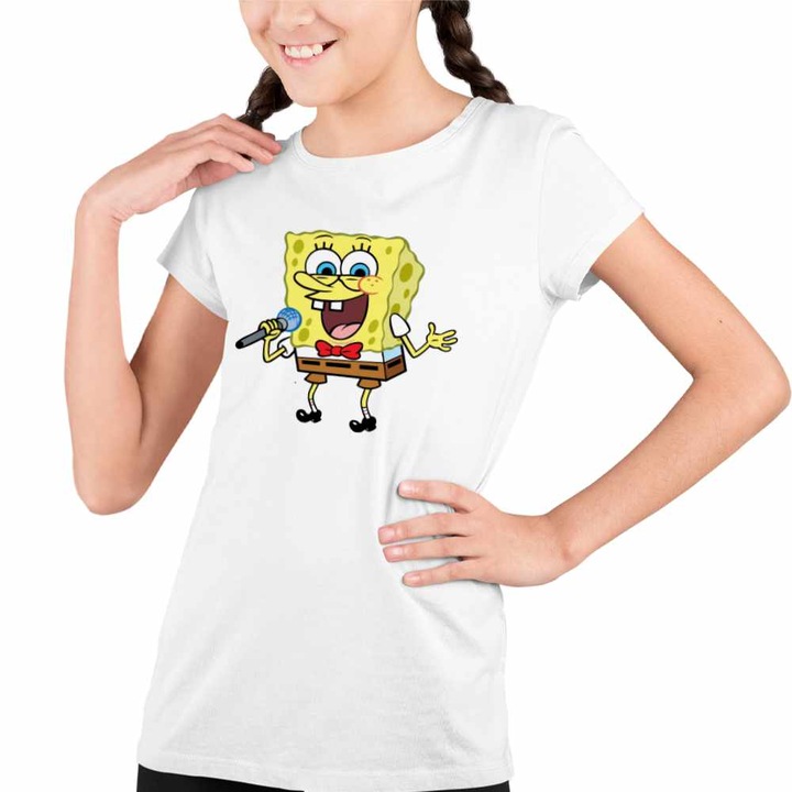 Tricou Copii Fete Sponge Bob Canta Microfon Desen Animat SpongeBob, Fehér
