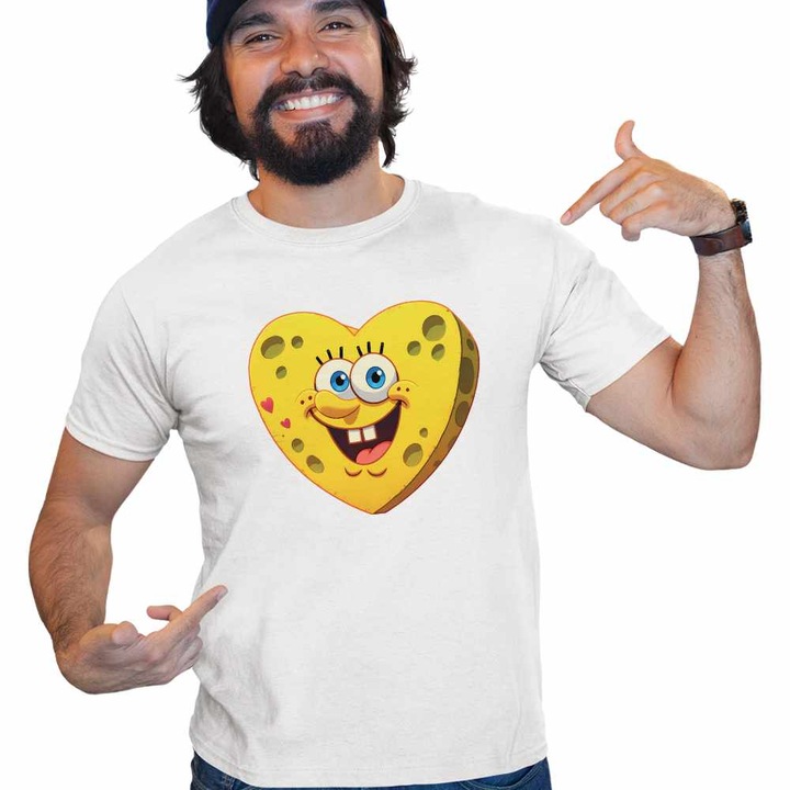 Tricou Barbati Sponge Bob Inima SpongeBoo Pantaloni Patrati CoolTrend, alb, marime M