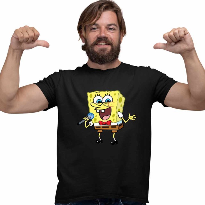 Tricou Barbati Sponge Bob Canta Microfon Desen Animat SpongeBob CoolTrend, negru, marime M
