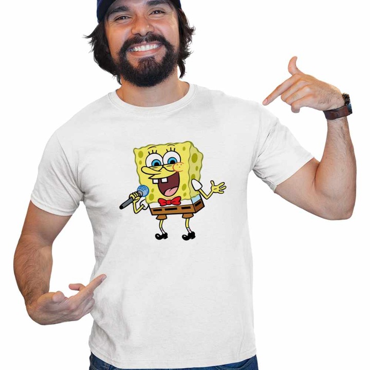 Tricou Barbati Sponge Bob Canta Microfon Desen Animat SpongeBob CoolTrend, alb, marime 3XL