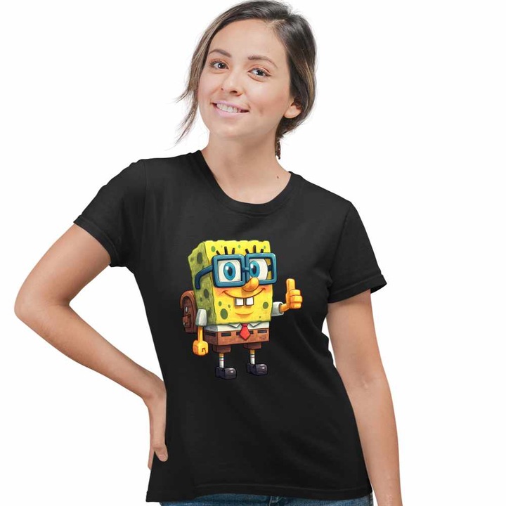 Tricou Femei Minecraft SpongeBob Nerd Sponge Bob Pantaloni Patrati CoolTrend, negru, marime S