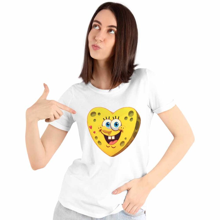 Tricou Femei Sponge Bob Inima SpongeBoo Pantaloni Patrati CoolTrend, alb, marime 2XL
