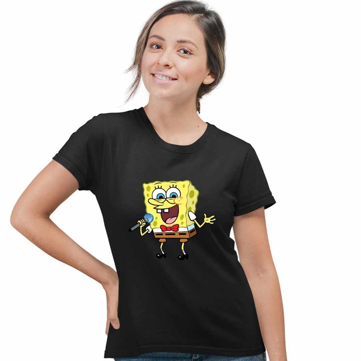 Tricou Femei Sponge Bob Canta Microfon Desen Animat SpongeBob CoolTrend, negru, marime XL