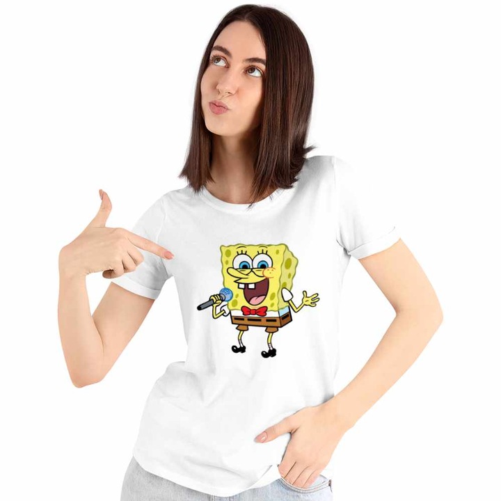 Tricou Femei Sponge Bob Canta Microfon Desen Animat SpongeBob CoolTrend, alb, marime 2XL