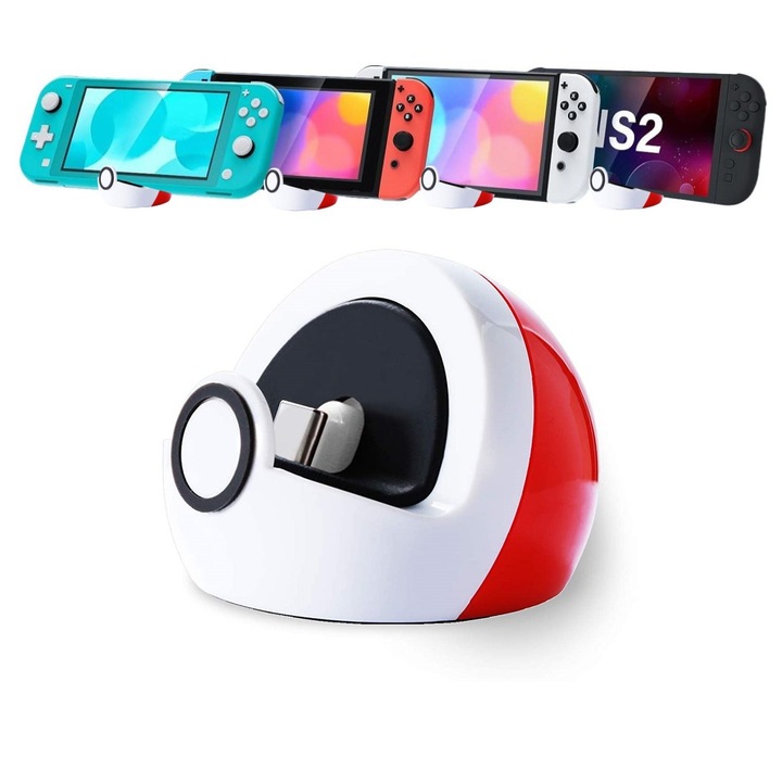 Statie de incarcare DUOCUOLA pentru Nintendo Switch, dock portabil, compact, Alb neon si Rosu neon