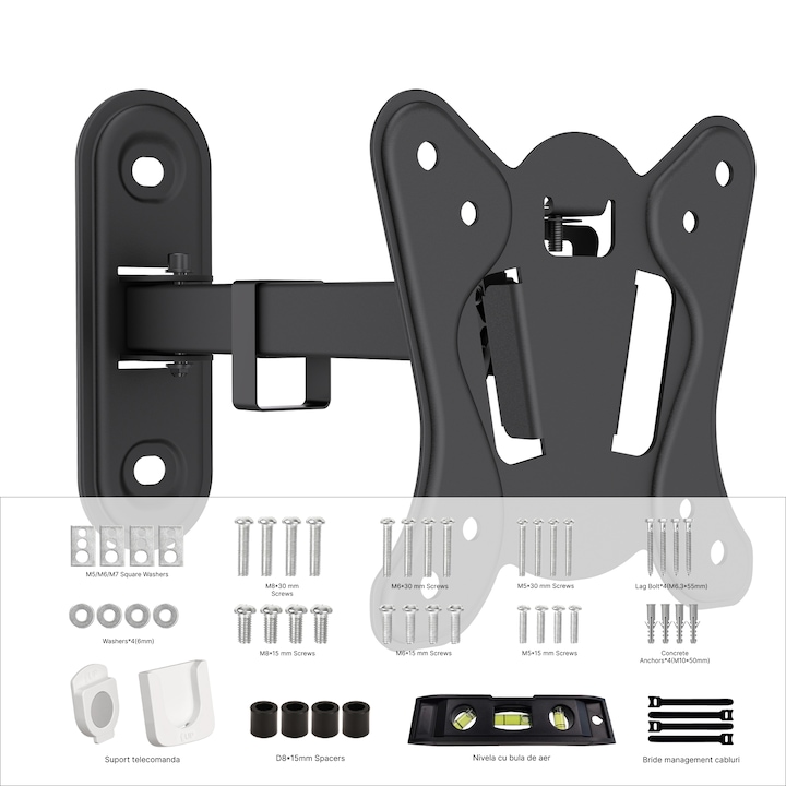 Стойка за стена за телевизор VGSOLID 111, пълно движение, 13''-32", 65-205 мм, VESA 100x100, 75x75, 30 кг, наклон +3° / -12°, завъртане ±90°, черна