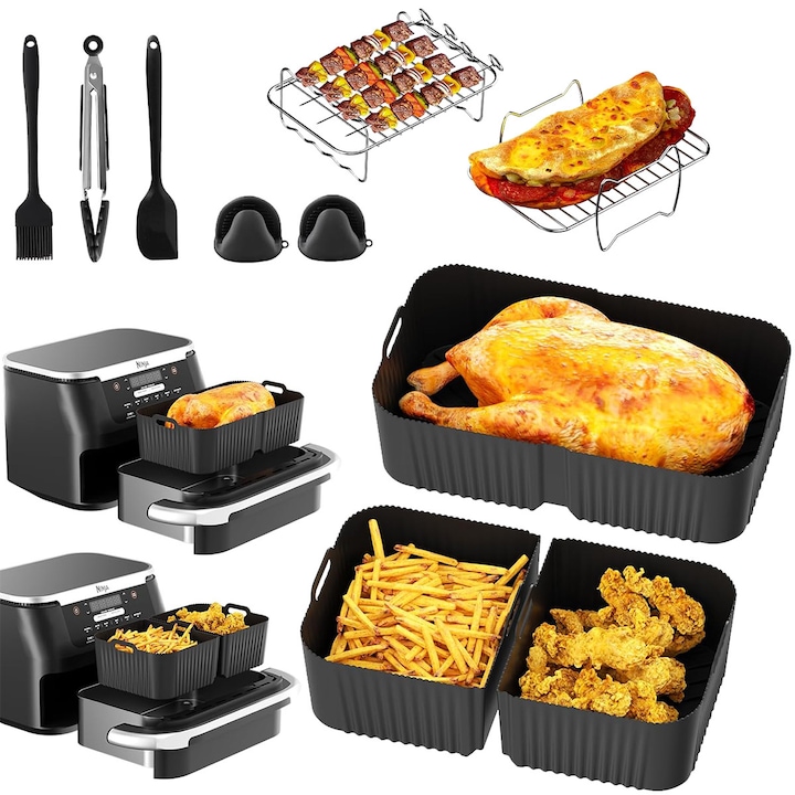 Set 14 piese accesorii pentru friteuza cu aer YOUKUKE, inox, compatibilitate extinsă, negru, dimensiuni 10.4L x 5.2L