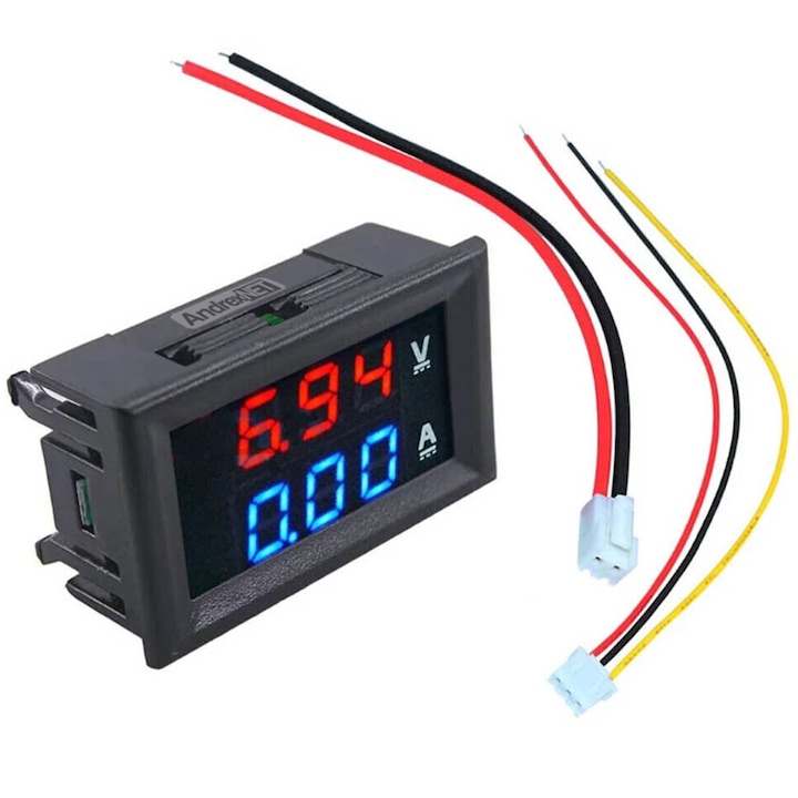 Voltmetru și ampermetru AndrexNET, interval măsurare 0-100V, 0-10A, alimentare 4-30V DC, negru, dimensiuni 48x29x26mm
