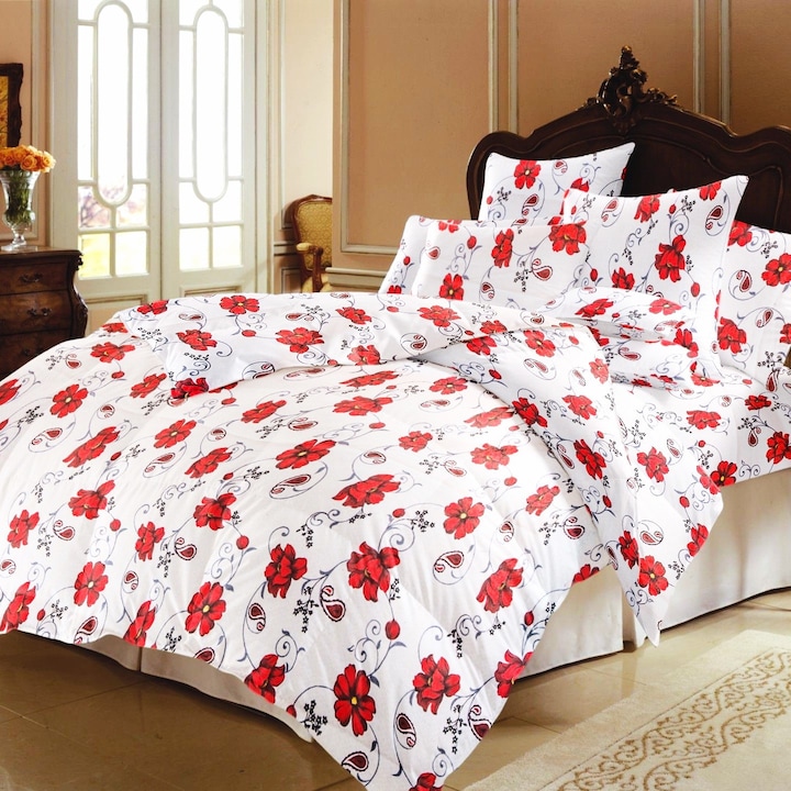 Спално бельо 4 части, 2 души, класическа гладка материя, 100% памук, флорален декор - 03