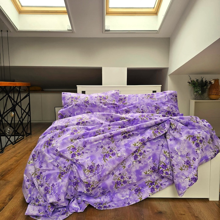 Спално бельо от 4 части, за 2 души, класическа гладка тъкан, 100% памук, флорален декор - 05