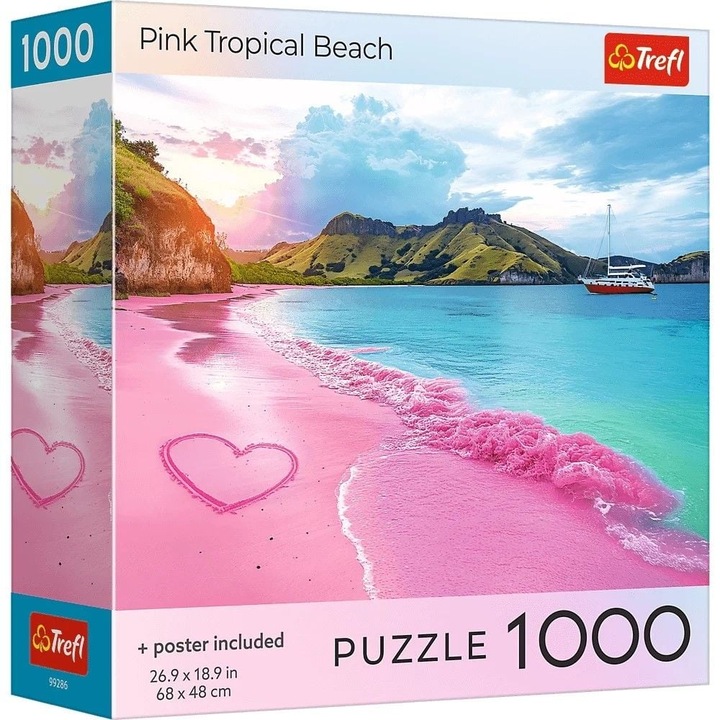 Puzzle Trefl 1000 piese, Plaja Tropicala Roz, cu Poster Inclus
