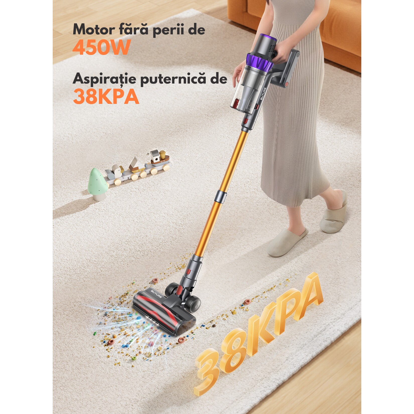 Aspirator Vertical Fara Fir BUTURE VC80, 450W, 38KPA, 1.5L, Baterie Detasabila, 2.55kg, 113.5x27.5x25cm
