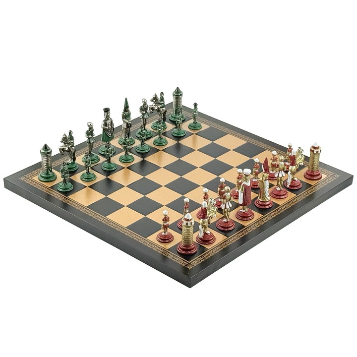 Set de sah Medioevale, Italfama, figuri metalice, tabla din piele ecologica 33x33 cm
