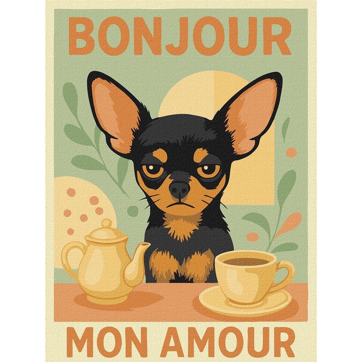 Set pictura pe numere, cu sasiu, Poster - caine dimineata, 30x40 cm