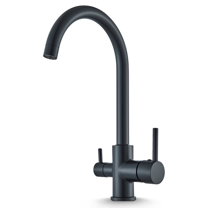 Baterie Bucatarie cu 3 Cai Ari LINKO, Negru, cu Perlator si duza pentru Apa Filtrata, 32–40 mm