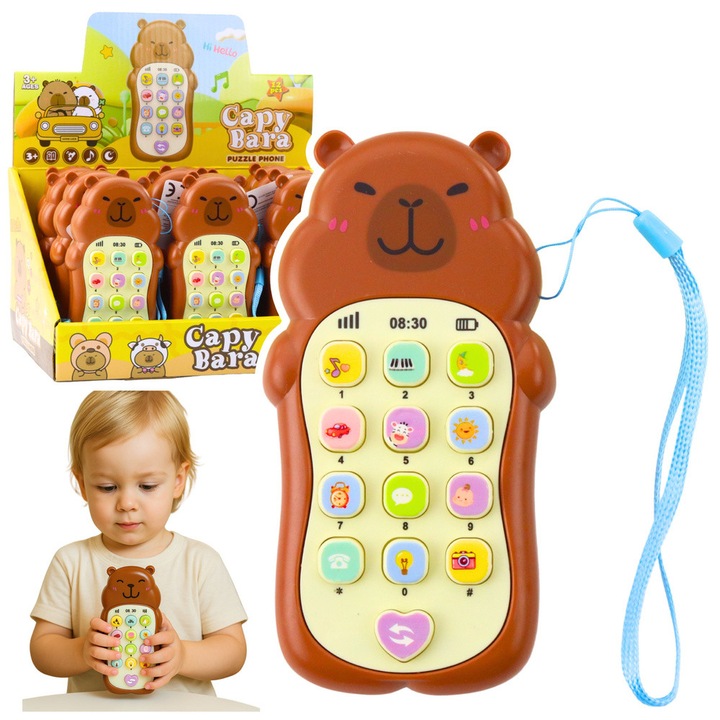 Telefon educational interactiv Kapibara, LEAN Toys, efecte sonore si luminoase, culoare bruna, dimensiuni 13,5x7cm, set de 12 bucati