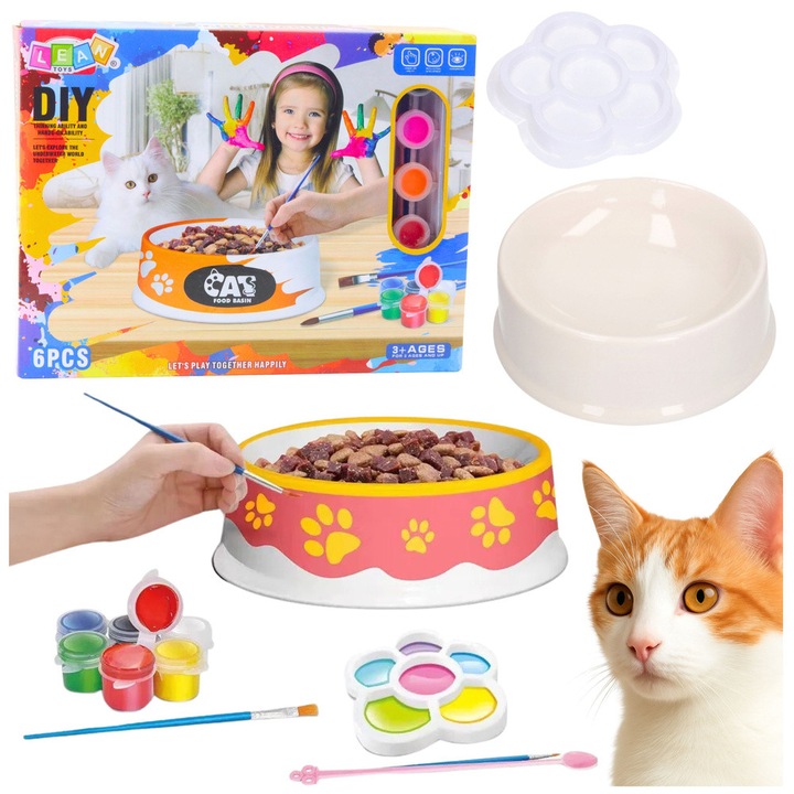 Set DIY pentru pictat boluri pentru pisici, LEAN Toys, 6 elemente, ceramica, 13,5cm