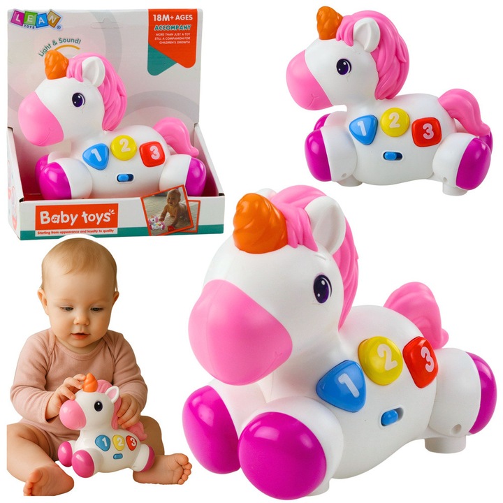 Интерактивна играчка, LEAN Toys, еднорог на колела, светлинни и звукови ефекти, бяло-розов, 14,5x12,5x9см, пълен комплект