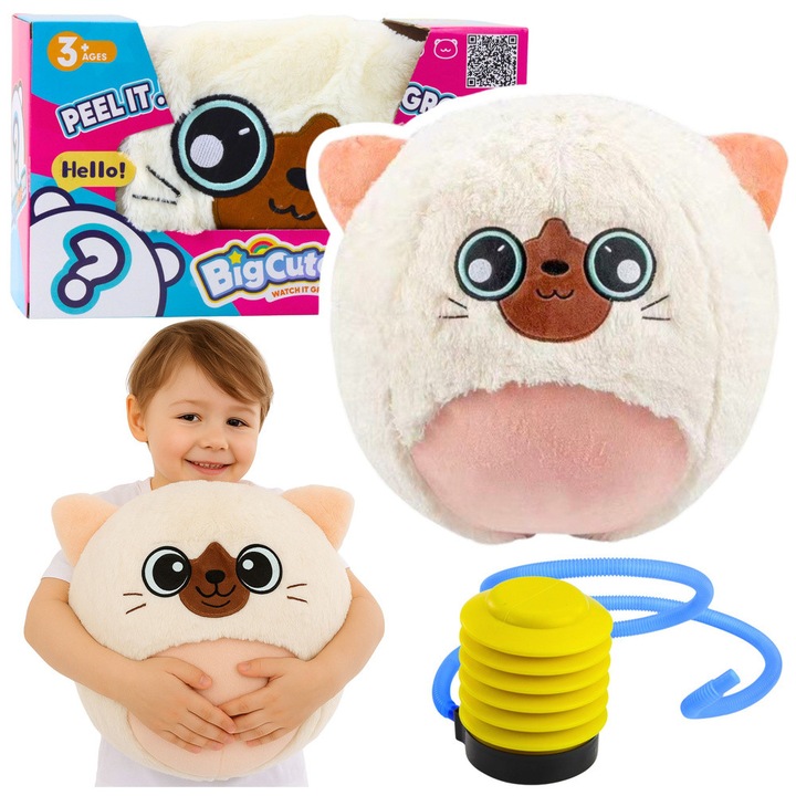 Топка за скачане BigCutePet, интерактивна играчка, пухкава котка, бяла, 50 см, комплект с помпа