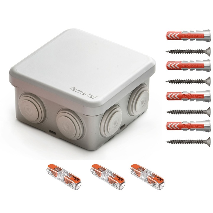 Doza de derivatie aparenta, Cutie conexiuni IP65 Famatel 3028, cu 7 intrari, 80x80x45mm dotata cu cleme Wago 221-2411 3 buc si dibluri Fischer DuoPower 6x30 4 buc