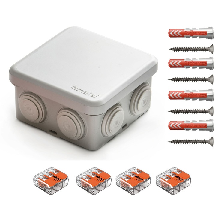 Doza de derivatie aparenta Famatel 3028, IP65, 7 intrari, 80x80x45mm, gri, set cu cleme Wago si dibluri Fischer