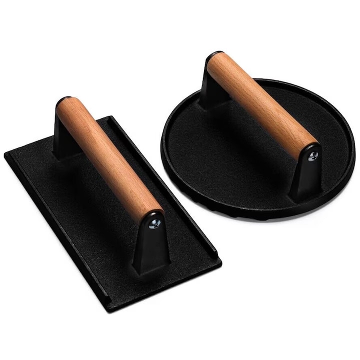 Presa din fonta pentru gratar MWAOWM, 7", 8.2x4.3", maner din lemn, utilizare pe gratar, plita, camping, set 2 bucati