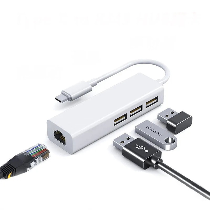 Адаптер HUB 3-в-1 VDSTAR, Ethernet RJ45, 3 USB, Type-C, сребрист