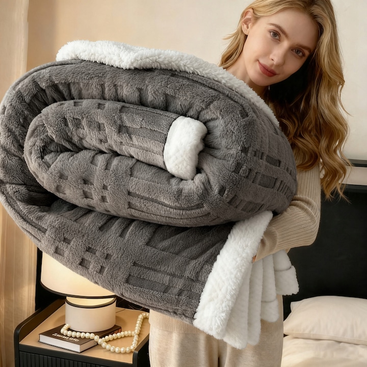 Patura moale, groasa, calda, tricotata, gri 150x200cm | pentru pat si canapea, pentru iarna, confortabila, texturata, durabila