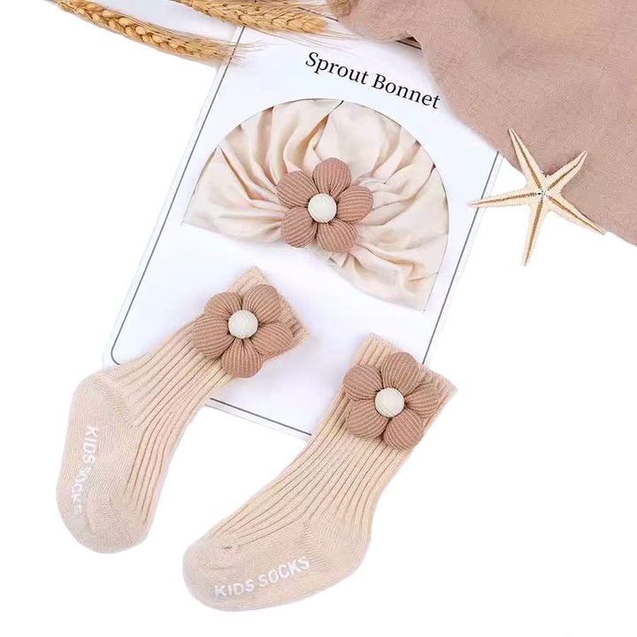 Комплект чорапи и тюрбан за бебета, мек памук, чорапи против плъзгане, цветя, 0-12 месеца