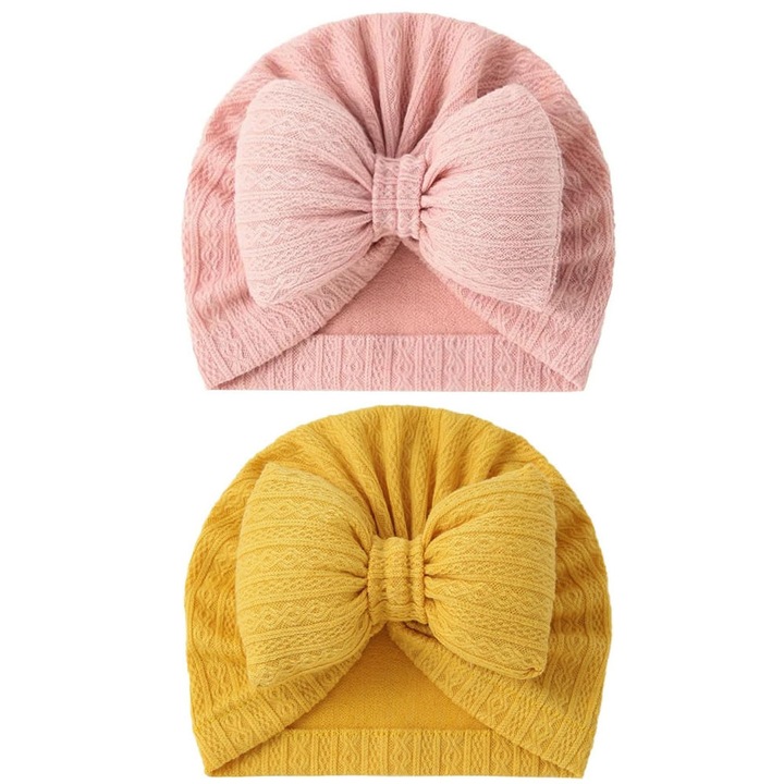 Комплект от 2 бебешки тюрбана, памук, розов и жълт, 16.5x16см, унисекс, 0-18 месеца