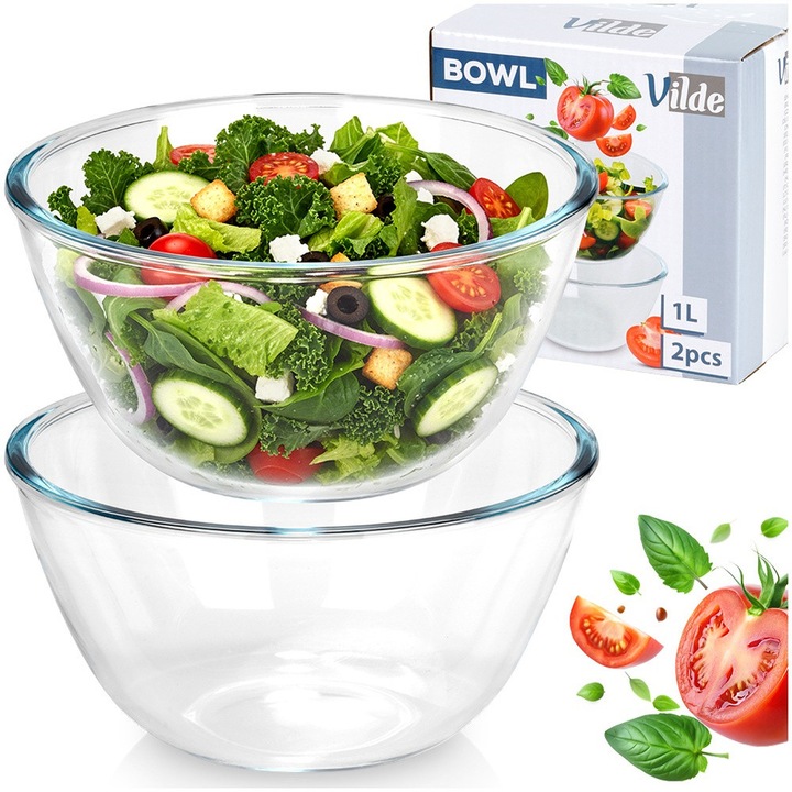 Set 2 Castron Pentru Salata, Vilde, 1 L, 17x17x9 cm, Sticla, Potrivit Pentru Masina De Spalat Vase, Design Clasic, De Inalta Calitate, Transparent