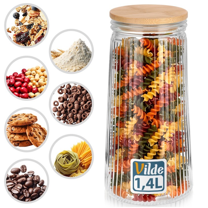 Recipient Pentru Produse Vrac, Vilde, 1.4 L, 23x11x9.5 cm, Sticla, Capac Din Lemn Cu Garnitura, Potrivit Pentru Masina De Spalat Vase, Ideal Pentru Depozitarea Alimentelor, Transparent