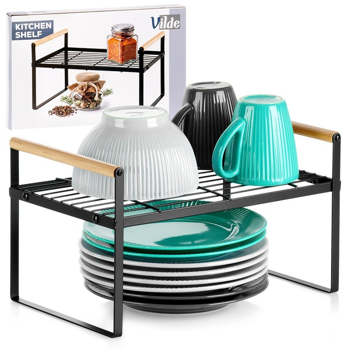 Konyhai Polc, Vilde, 33x21x19.5 cm, Fém, Bambusz Fogantyúk, Stabil és Tartós, Laposra Összecsukható, Kiváló Minőségű Anyagok, Fekete